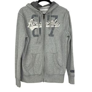 Vtg Y2K Aeropostale Mens Fleece Hood Spellout Zip Up Gray Hoodie Size S A87